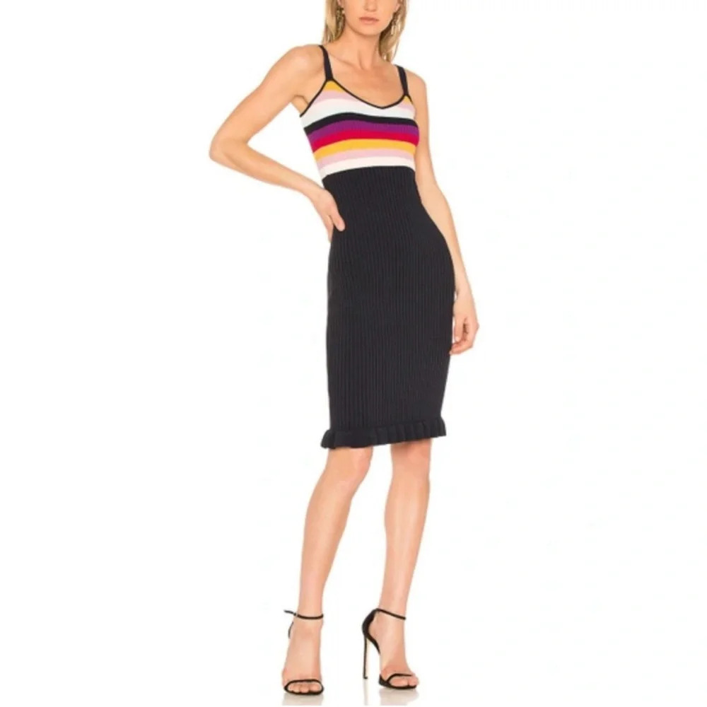 cinq a sept Black Knit Midi Dress with Multicolor Striped Bodice